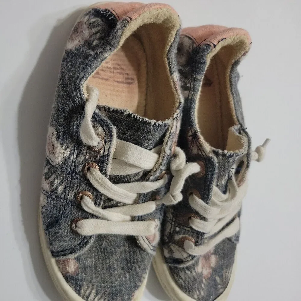 Roxy Flat Girls 1 Kids Shoes Superstar Black White Floral Originals Lace Up Pull